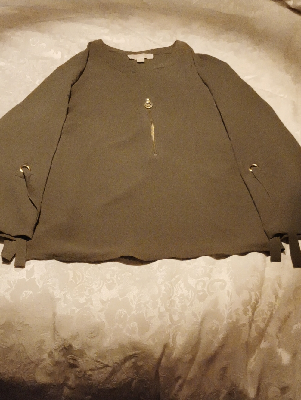 Michael Kors Olive Green Zip-Front Long Sleeve Blouse